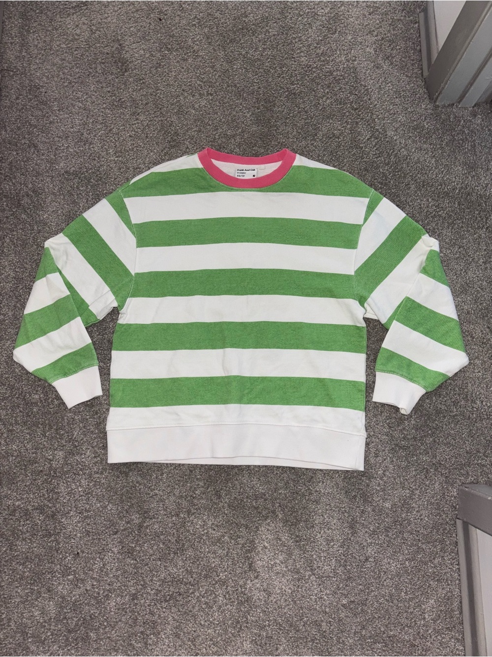 Frank & Oak- SIZE XS -100% Cotton- Striped Green & White Crewneck Sweater
